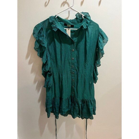 Anthropologie NWT Green Ruffle Sleeve Button Down Dress Boho Dainty Cottage Chic - Picture 6 of 9